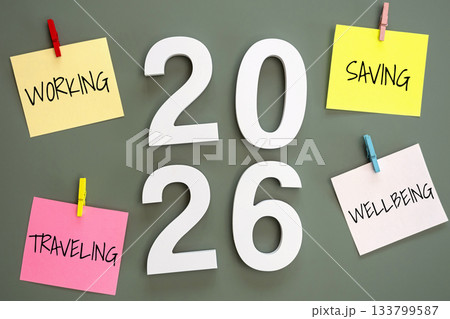 4 post-it paper clip on a green board with number 2026 in the middle and word working, saving, traveling, wellbeing around. new year goal target for work life balance concept 133799587