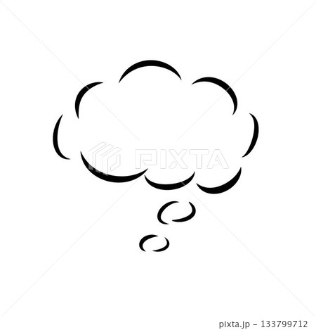 Black thick-line thought bubble with three trailing bubbles is floating on white in flat design 133799712