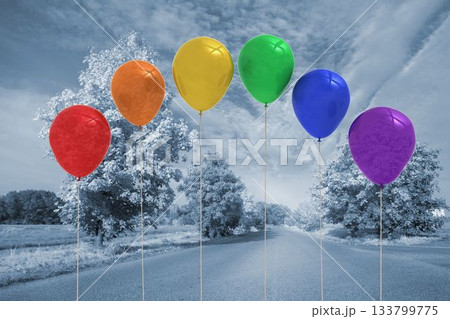 Six colorful balloons are floating across road flanked by trees under cloudy sky in flat design 133799775