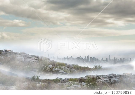 flat design illustration rocky outcrop is being shown on misty hillside featuring distant skyline 133799858