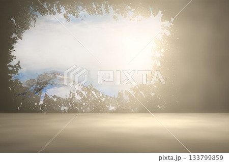 Splash on wall revealing snowy peak 133799859