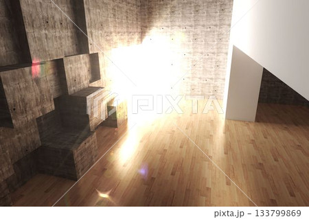 Minimalist interior is showing concrete cubes on wood floor with lens flare in flat design Minimalist interior is showing concrete cubes on wood floor with lens flare in flat design 133799869