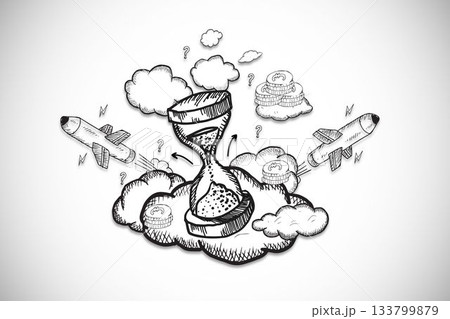 Hourglass is floating on clouds in sketch-like scene, with coins, arrows, question marks, planes Hourglass is floating on clouds in sketch-like scene, with coins, arrows, question marks, planes 133799879