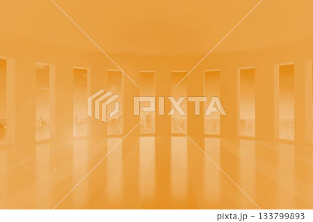Spacious high-rise interior is showcasing wraparound windows and floor reflections in 3D render 133799893