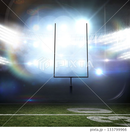 Flat design football goal post is standing under floodlit stadium, showing 50 yard line marking Flat design football goal post is standing under floodlit stadium, showing 50 yard line marking 133799966