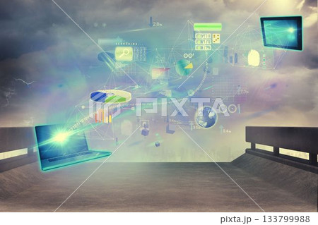 Flat design laptop is projecting holographic stream toward monitor with graphs over misty terrace Flat design laptop is projecting holographic stream toward monitor with graphs over misty terrace 133799988
