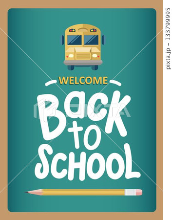 Back to School flat design poster is featuring yellow school bus and pencil on teal panel Back to School flat design poster is featuring yellow school bus and pencil on teal panel 133799995