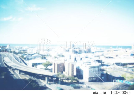 Flat design coastal cityscape is showing multi-lane highway ramps curving through mid-rise clusters 133800069