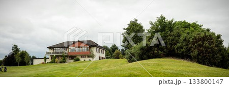 Rural house panorama is being shown in flat design, with balconies, lawn, shrubs, trees, cloudy sky 133800147