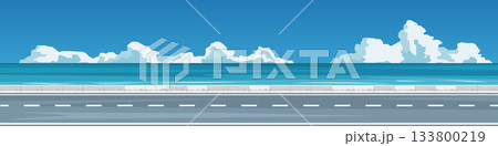 Landscape banner background of long stretch of asphalt road. Wide coastal road with concrete seawalls. Vast blue sea in summer. Under blue sky and white clouds. Clean and empty space background. Landscape banner background of long stretch of asphalt road. Wide coastal road with concrete seawalls. Vast blue sea in summer. Under blue sky and white clouds. Clean and empty space background. 133800219