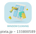 Window washing 3d icon with rubber glove squeegee mop and soap suds 133800589