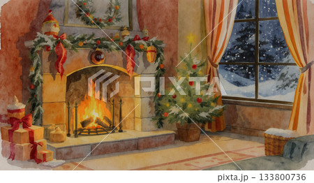 聖夜と暖炉のある部屋 133800736