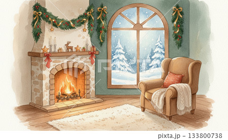 クリスマスの飾り付けと暖炉のある部屋 133800738