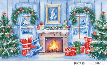 水彩で描いたクリスマスイメージの部屋 133800739