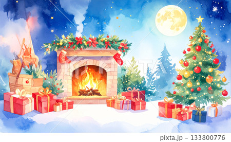 クリスマスツリーと暖炉の水彩イラスト クリスマスツリーと暖炉の水彩イラスト 133800776