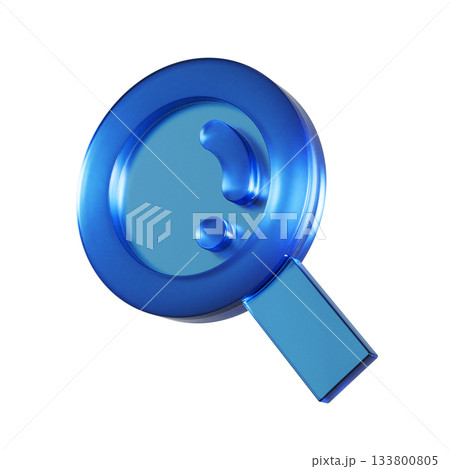 虫めがねのフラットなアイコンの3Dイラスト。透明感のある青いグラスモーフィズムなマーク 133800805
