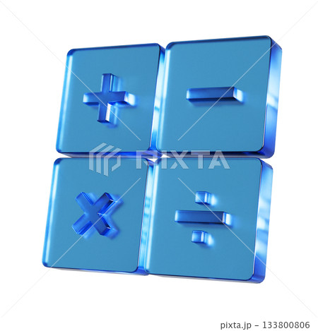 計算機のフラットなアイコンの3Dイラスト。透明感のある青いグラスモーフィズムなマーク 計算機のフラットなアイコンの3Dイラスト。透明感のある青いグラスモーフィズムなマーク 133800806