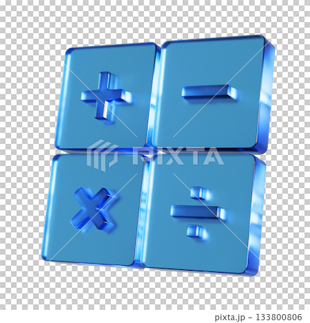 計算機のフラットなアイコンの3Dイラスト。透明感のある青いグラスモーフィズムなマーク 計算機のフラットなアイコンの3Dイラスト。透明感のある青いグラスモーフィズムなマーク 133800806