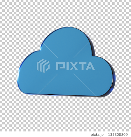 3D illustration of a flat cloud icon. Transparent blue glass morphic mark. 133800809