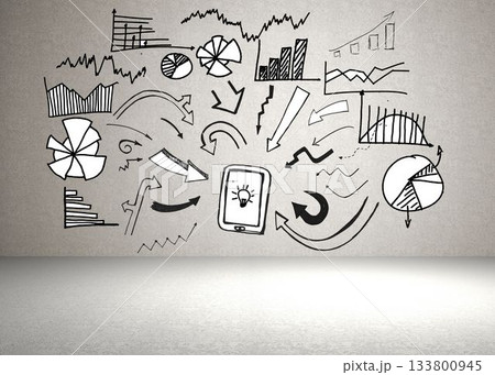 Marker drawn tablet featuring light bulb icon is being shown on textured wall with charts, arrows 133800945