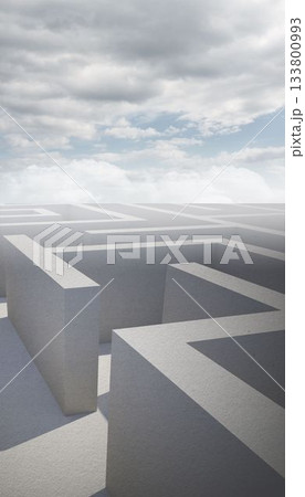 Concrete maze is stretching under overcast sky in flat design, with high cement walls 133800993
