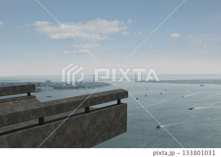 Flat design is showing concrete balcony railing overlooking bay with boats and suspension bridge 133801031
