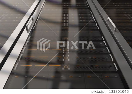 Flat design is depicting rack-mounted servers glowing orange and white LED lights behind glass door Flat design is depicting rack-mounted servers glowing orange and white LED lights behind glass door 133801046