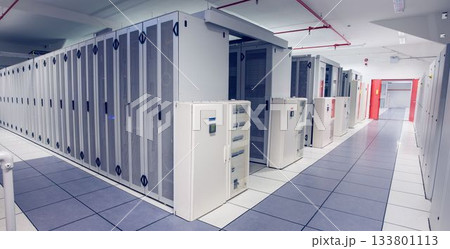 Flat design data center is showing white control cabinet with server racks under fluorescent lamps Flat design data center is showing white control cabinet with server racks under fluorescent lamps 133801113