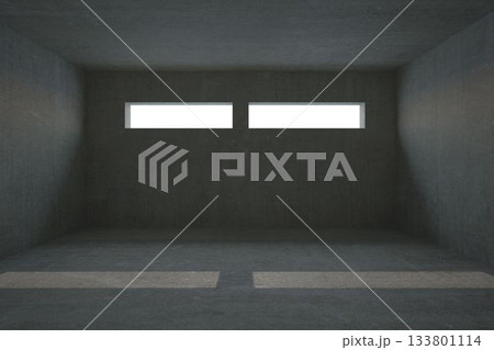 Empty concrete room interior is showing flat design render with two windows casting light patches Empty concrete room interior is showing flat design render with two windows casting light patches 133801114