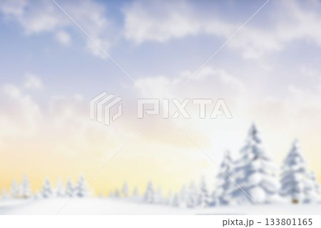 Flat design showing snowdrifts across meadow with snowcovered evergreens on right under pastel sky 133801165