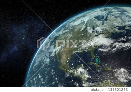 Earth is being shown from orbit in 3D render, displaying cloud formations and star field Earth is being shown from orbit in 3D render, displaying cloud formations and star field 133801238