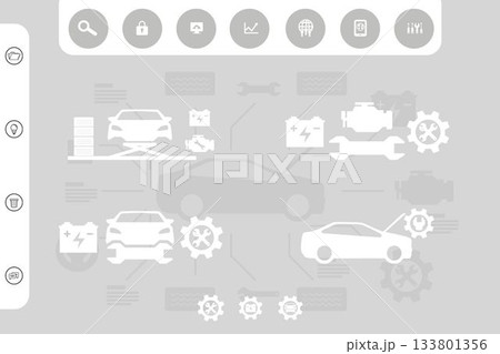Grayscale flat infographic is showing automotive diagnostics workflow around central car silhouette Grayscale flat infographic is showing automotive diagnostics workflow around central car silhouette 133801356