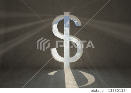 3D render is showing dollar sign cutout casting sunlight beams over concrete floor under cloudy sky 133801384