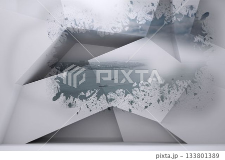 Abstract installation is revealing seascape with boats via paint-splatter panel cutout in 3D render 133801389
