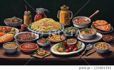 沢山の料理が並んだパーティーのテーブル 133801591