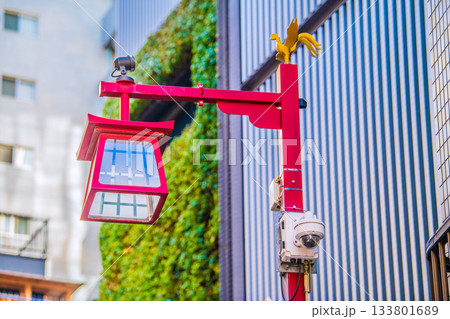 日本の東京都市景観　外国人観光客らで賑わう浅草。浅草寺近く、雷門一之宮商店街の防犯カメラなどを望む 133801689