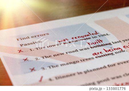 English test with red correction words 133801776