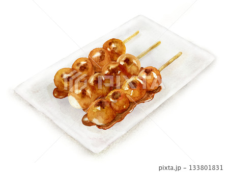 お皿に乗ったみたらし団子の水彩イラスト 133801831