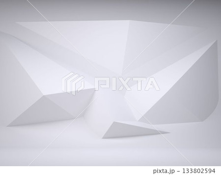 Triangular prism sculpture is being displayed in minimalistic 3D render with angular white forms Triangular prism sculpture is being displayed in minimalistic 3D render with angular white forms 133802594