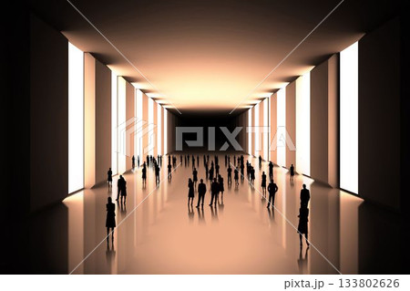 Tiny figures in black hall 133802626