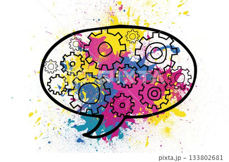 Flat graphic is showing black-outlined speech bubble filled with CMY white gears, ink splatters 133802681
