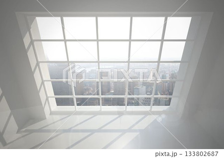 Showing flat design grid window flooding with sunlight casting shadows on floor with skyline logo 133802687