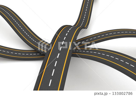 Twisting curved roads showing yellow edges and white dashes in flat design, with white background Twisting curved roads showing yellow edges and white dashes in flat design, with white background 133802786