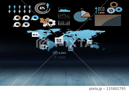 Projecting blue world map on dark wall, showing charts, infographic icons, honeycomb, counters 133802795