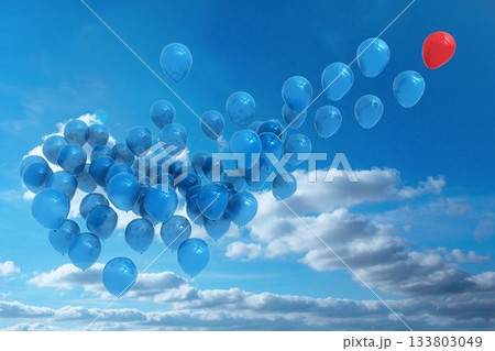 Cluster of blue and red balloons is floating upward in flat sky illustration with clouds 133803049