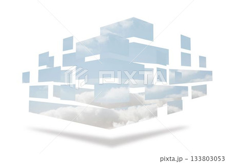 Abstract 3D prism blocks are floating in minimal white void showing sky and cloud textures Abstract 3D prism blocks are floating in minimal white void showing sky and cloud textures 133803053