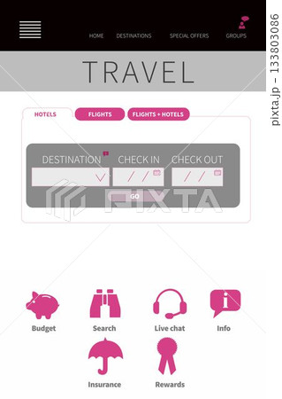 Travel booking UI is displaying flat design hotels form with destination field, date pickers, icons Travel booking UI is displaying flat design hotels form with destination field, date pickers, icons 133803086