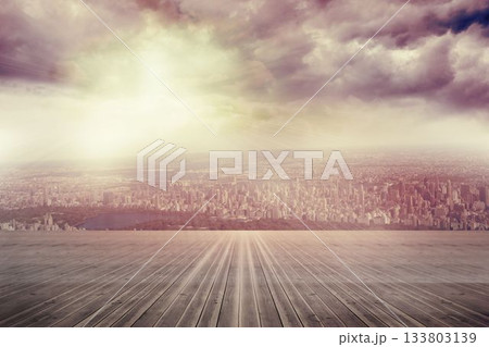 Flat design is showing wooden terrace platform overlooking city skyline with sun rays and park lake 133803139