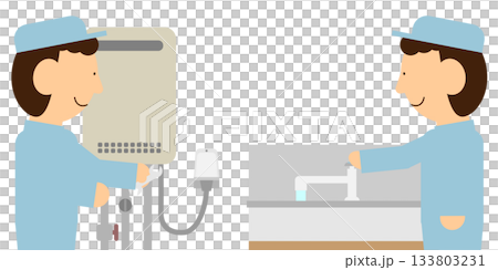 一名工人正在排空熱水器中的水。 133803231