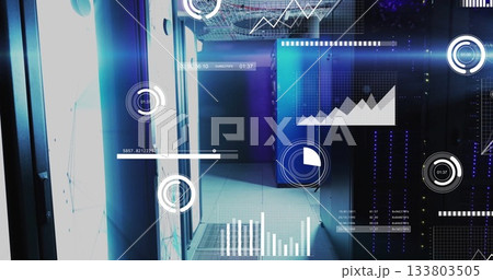 Displaying central server racks running in data center aisle, with LED indicators and data overlays 133803505
